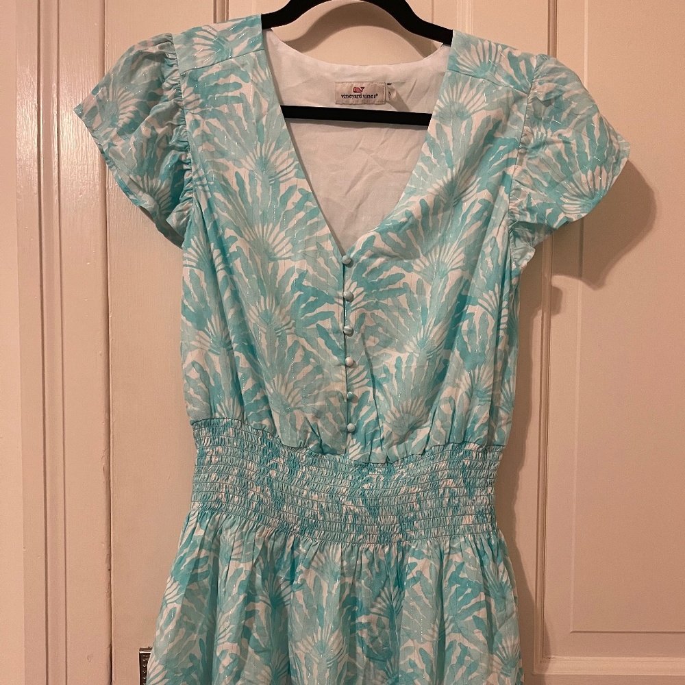 VINEYARD VINE | Aqua Tropical Print Traveling Palm Smock Waist Dress XS